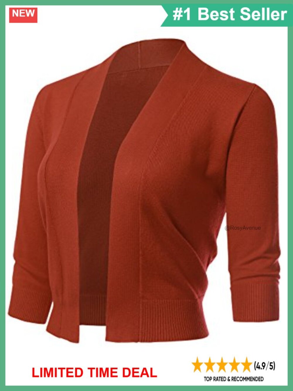 Women's 3/4 Sleeve Cropped Shrug Cardigan Open Front Lightweight Knit